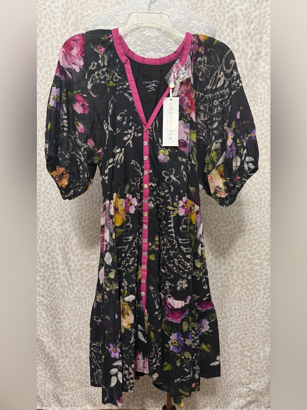 LoveShyla Black Floral Midi Dress with Pink Trim